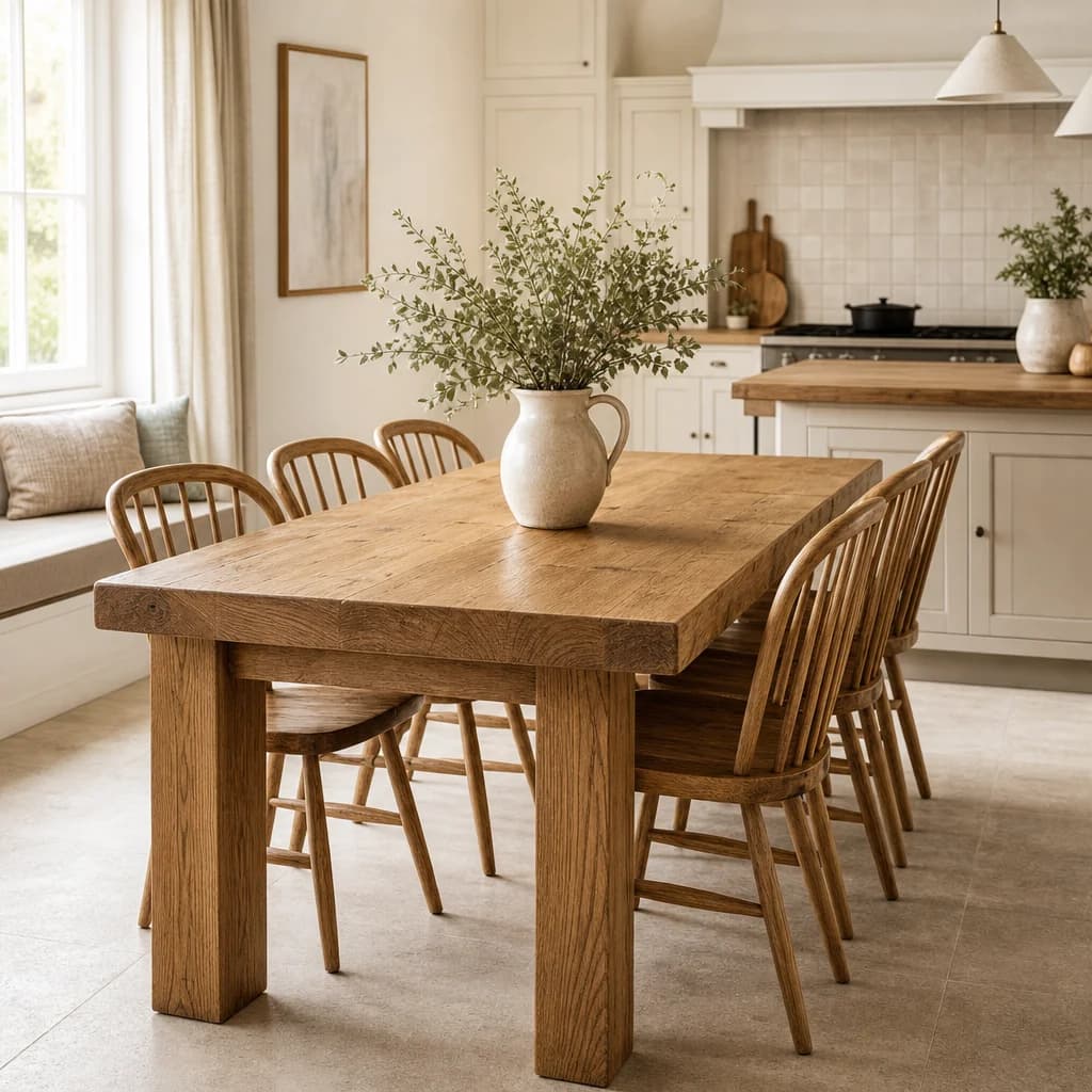 A solid oak dining table with spindle-back chairs